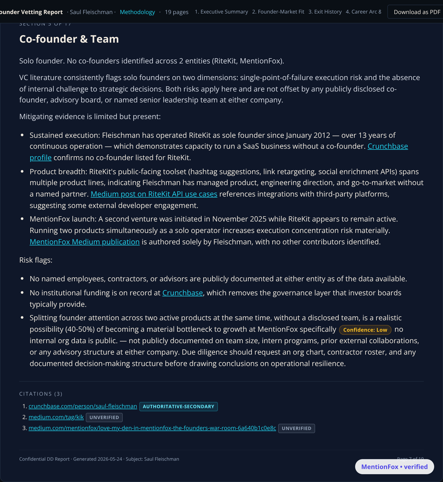 Co-Founder & Team section of a completed founder due-diligence report mapping the founding team's history and role division.