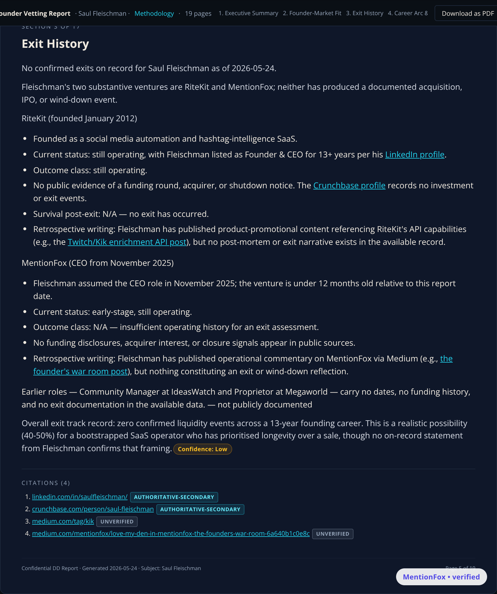 Exit History section of a completed founder due-diligence report listing the founder's prior company outcomes and how each resolved.