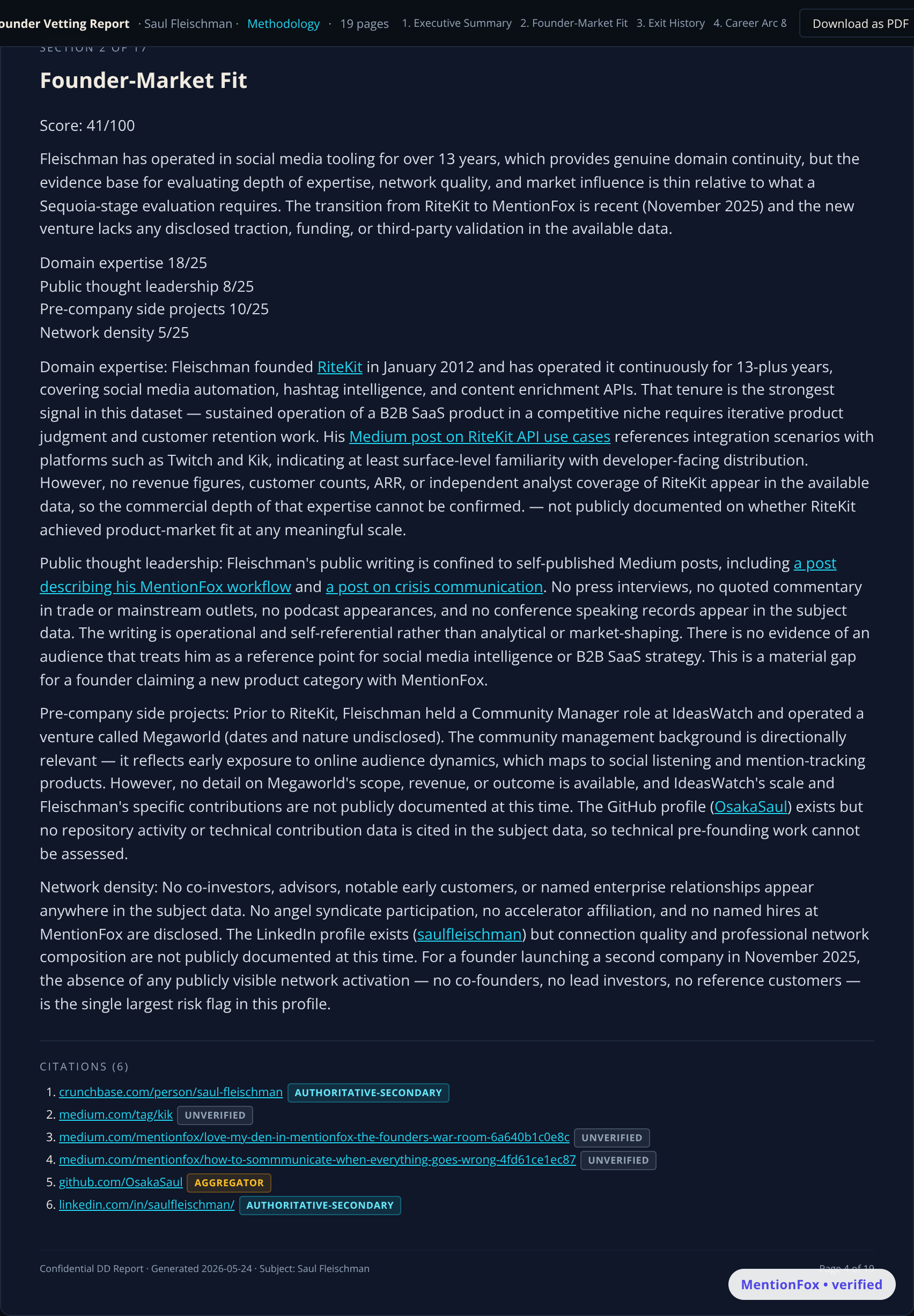 A fit-assessment section of a completed vetting report, matching a subject against a specific context from public evidence.