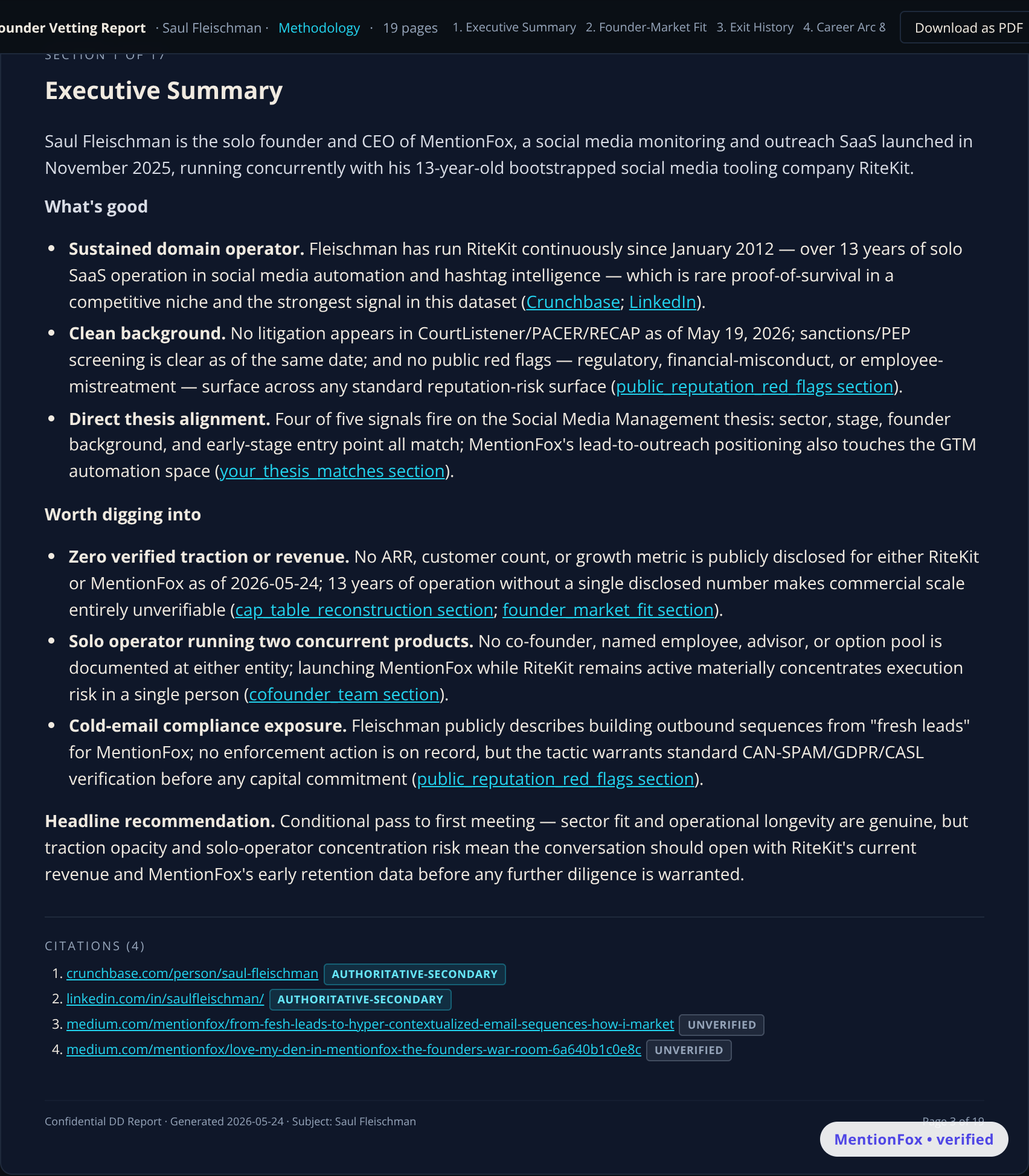 Executive Summary of a completed person dossier giving a sourced one-page read on who the subject is and what they are known for.