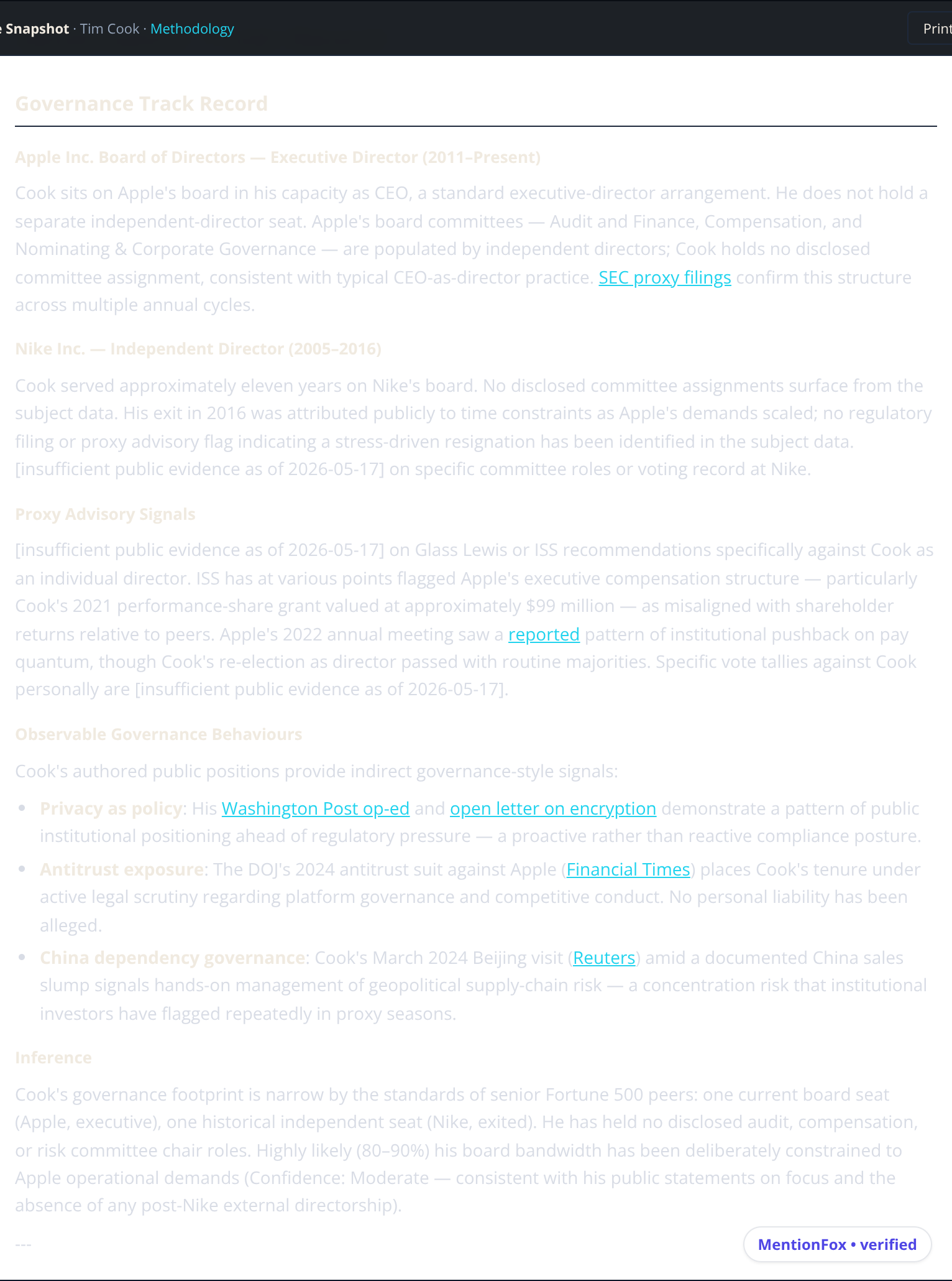 Governance Track Record section of a completed executive vetting report, documenting how the candidate acted during governance events.